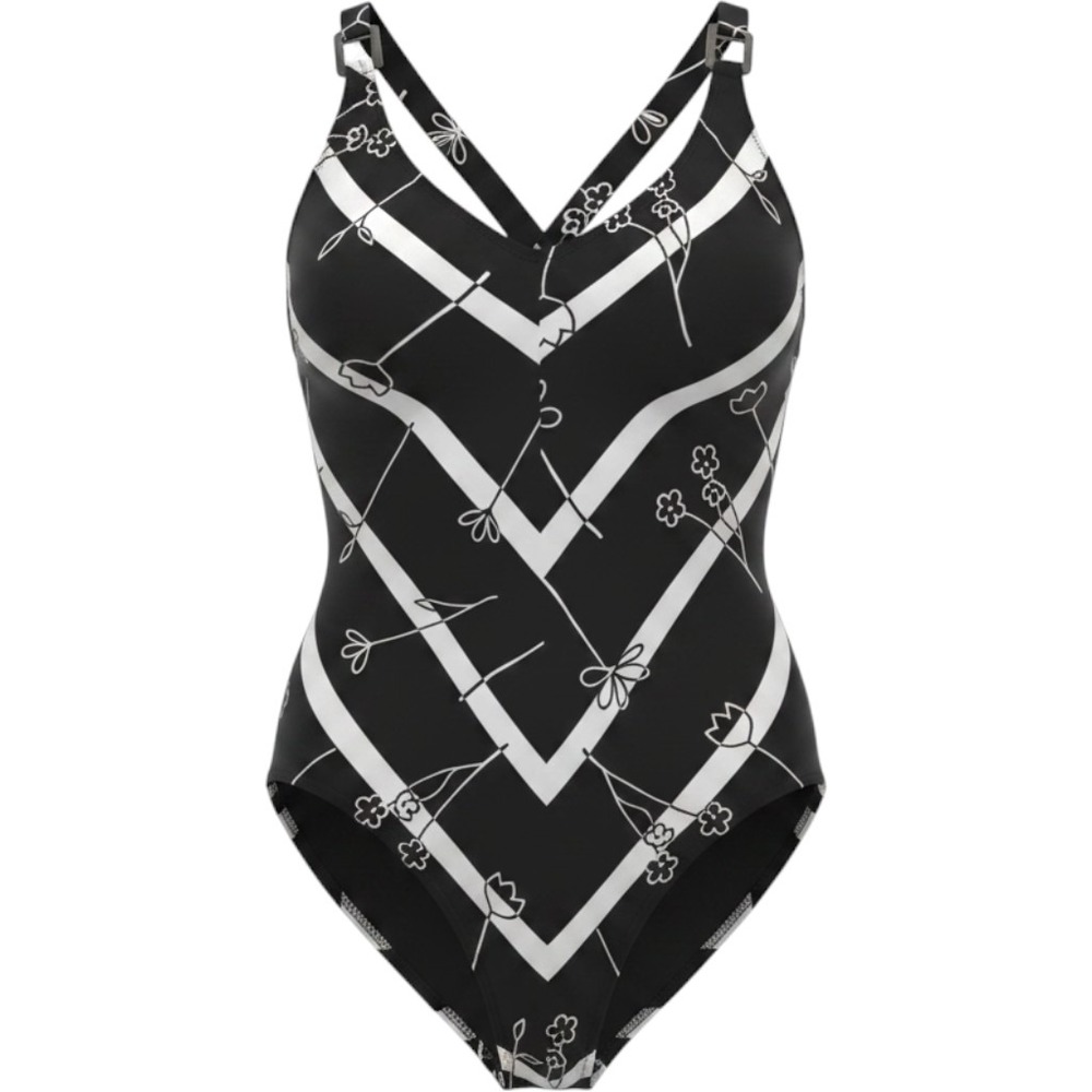 Gideon‎ Oberson Womens Black White Floral Striped One Piece Swimsuit Size 14 USA